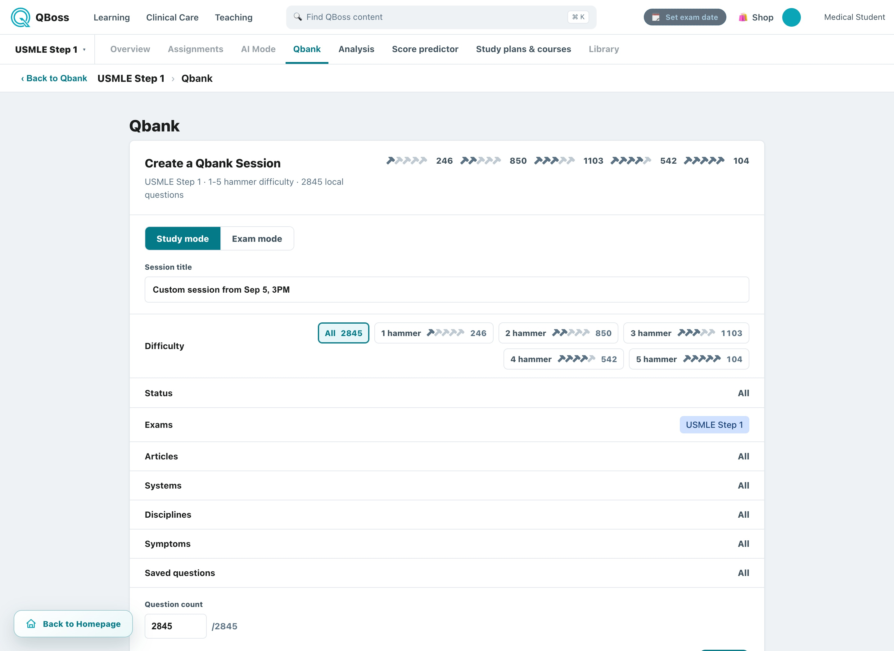 Build a custom session by subject, system, difficulty, and mode