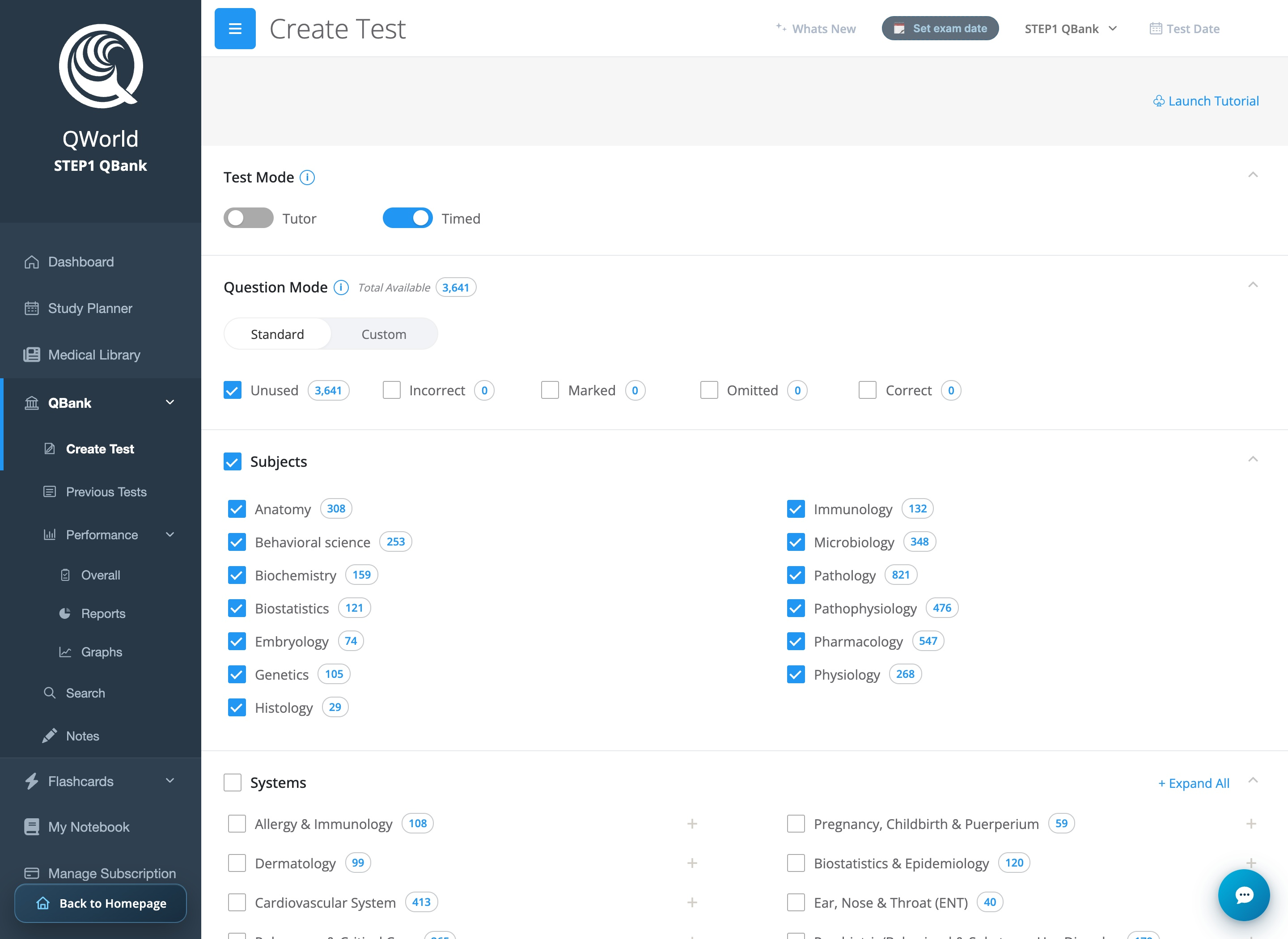 Create a focused test by subject, system, and question status